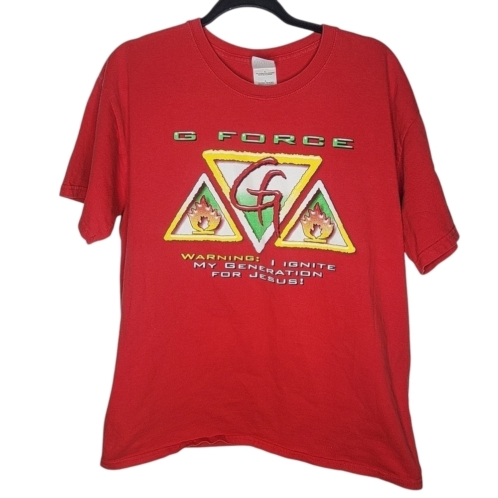 Vintage Y2K Jesus Tee G Force Gas Flammable Graphic T-Shirt in Red Size Large